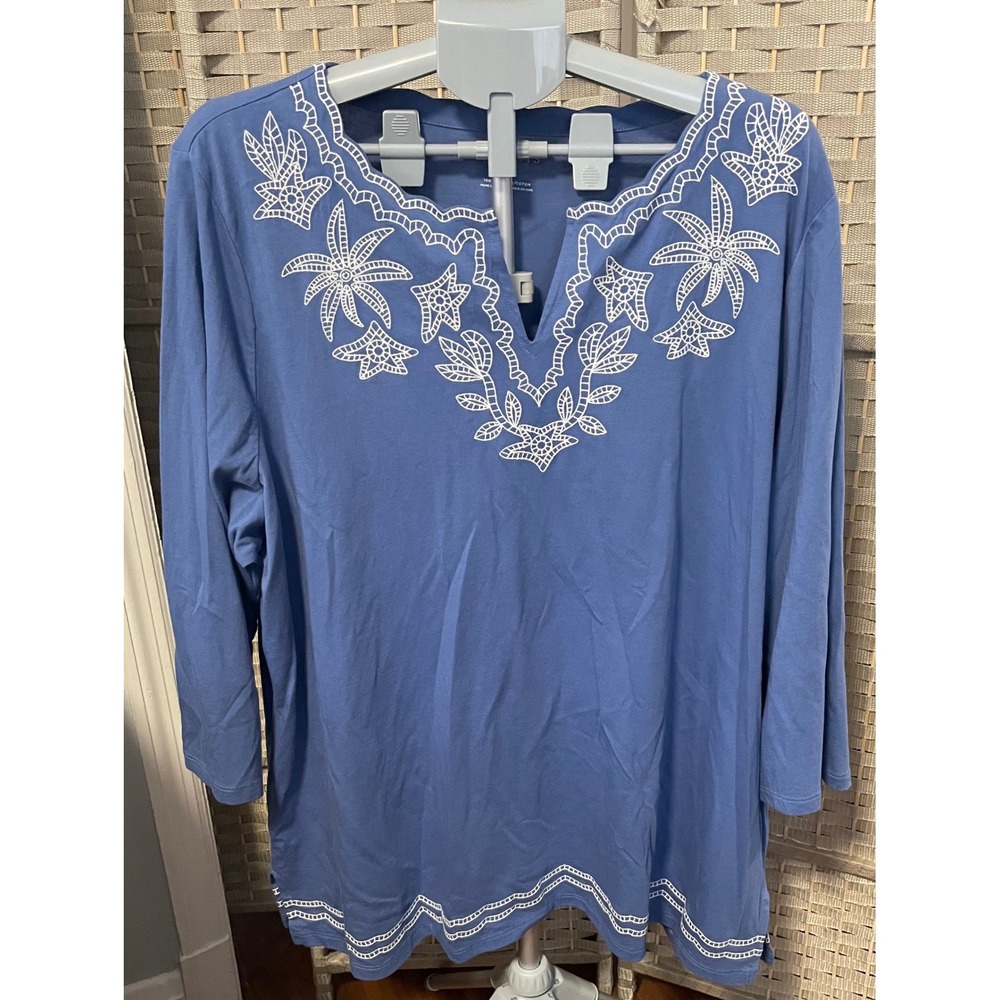Talbots Plus Blue Cotton Embroidered Split Neck 3/4 Sleeve Top 3X